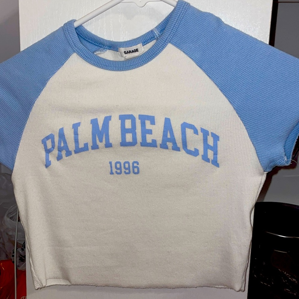 Garage crop top shirt, size XS blue and white palm beach, lightly worn